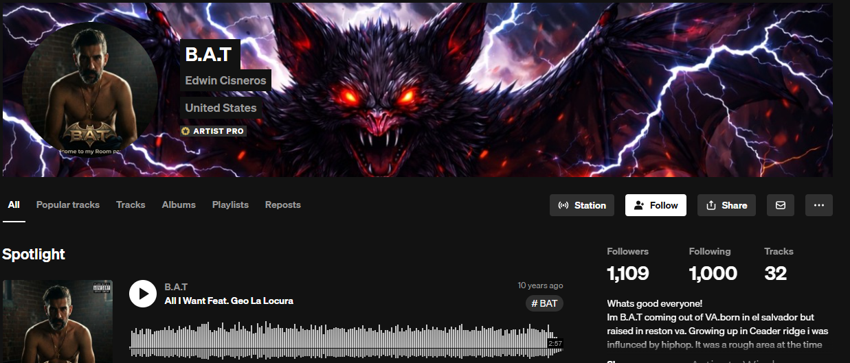 B.A.T SoundCloud profile after Samietunes campaign — 1,109 followers, 32 tracks