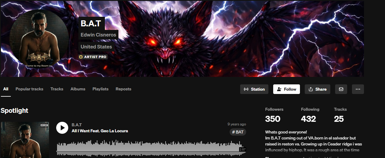 B.A.T SoundCloud profile before Samietunes campaign — 350 followers, 25 tracks
