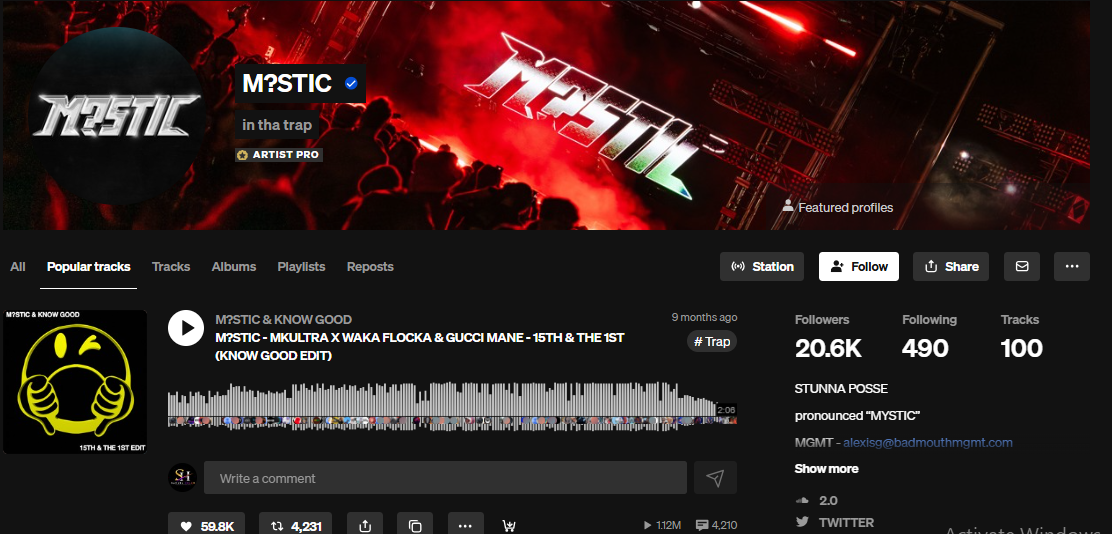 M?STIC SoundCloud profile after Samietunes email campaign — 20.6K followers, 1.12M plays