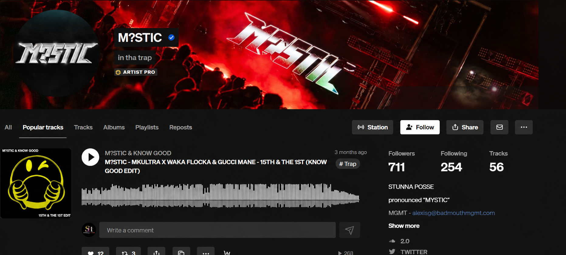 M?STIC SoundCloud profile before Samietunes email campaign — 711 followers