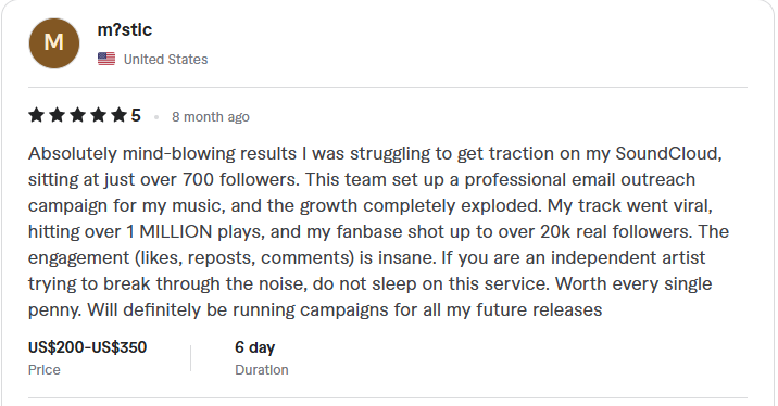 5-star review for Samietunes email outreach campaign from M?STIC